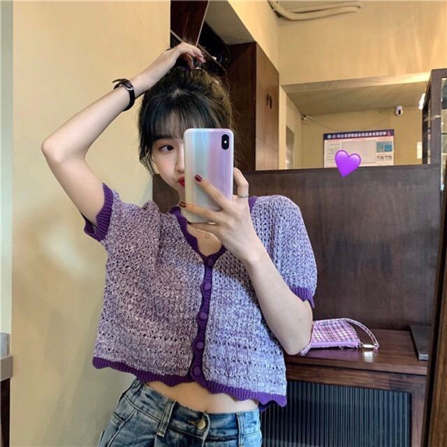 (Order) Áo tím dệt kim dáng croptop ulzzang - Có ảnh thật