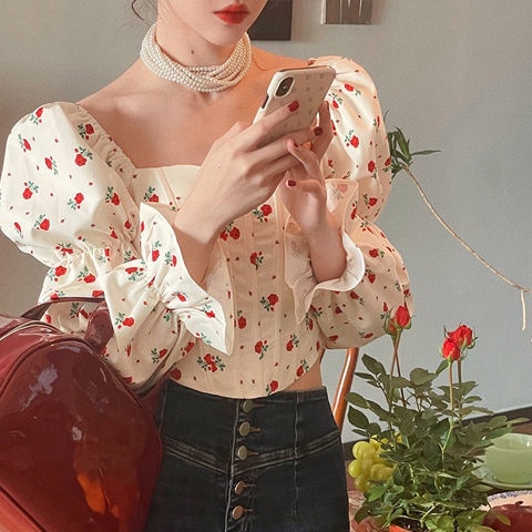 COZOK Áo kiểu COZOK tay phồng cổ vuông họa tiết hoa phong cách vintage thời trang