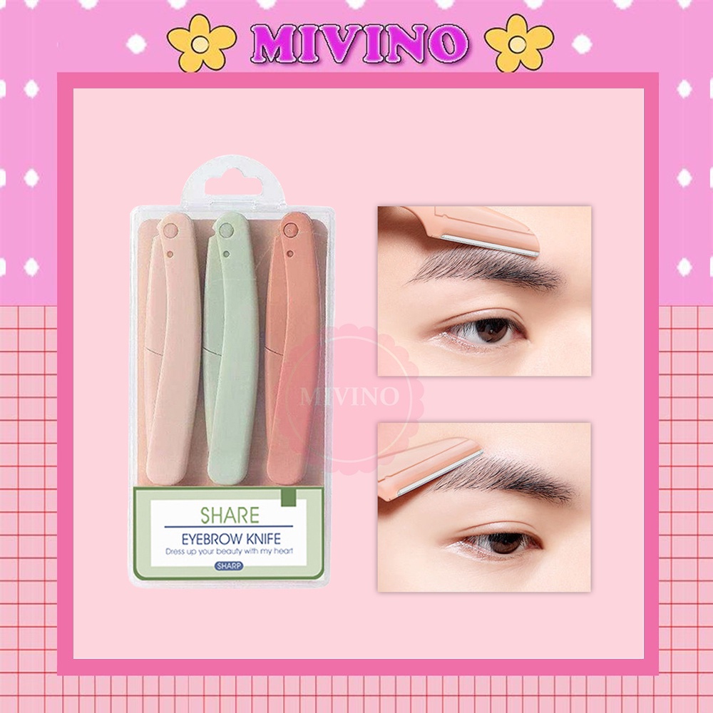 Set 3 dao cạo lông mày Mivino dao tỉa lông mày pastel lưỡi răng cưa thép không gỉ kèm hộp tiện dụng DC03