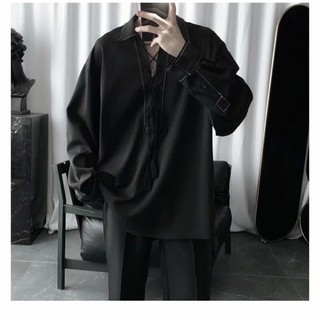 (HÀNG ORDER) ÁO SƠ MI NAM DÂY NGỰC ĐEN FORM RỘNG HÀN QUỐC