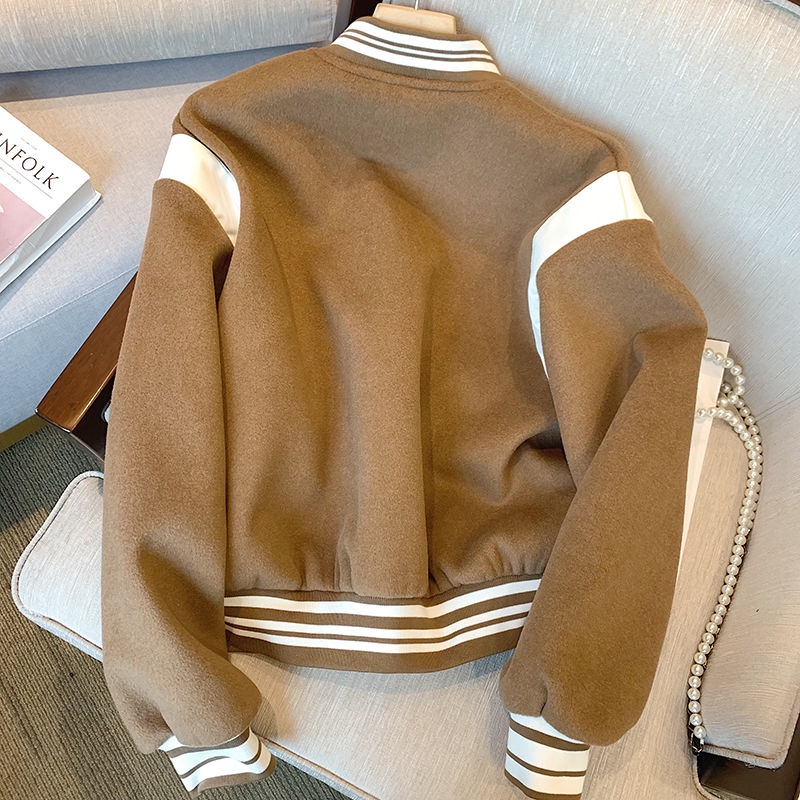 Áo Khoác Bóng Chày Dày Dặn Thêu Họa Tiết Phong Cách Retro Mỹ Cho Nữ