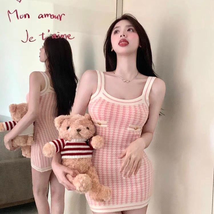 COZOK Đầm Dệt Kim Không Tay Họa Tiết Ca Rô Xinh Xắn Dành Cho Nữ