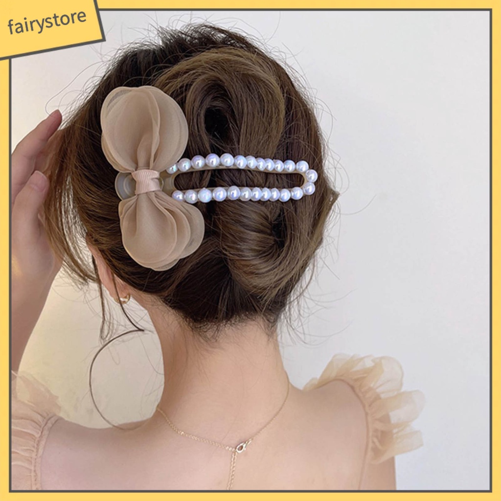 [Fairy1] Kẹp Tóc Càng Cua Đính Ngọc Trai Giả Thắt Nơ Rỗng Bằng Sợi Acrylic Chắc Chắn Cho Nữ
