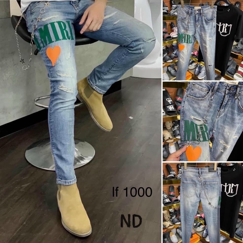 Quần bò nam amiri cao cấp xanh rách gối chất liệu co dãn.