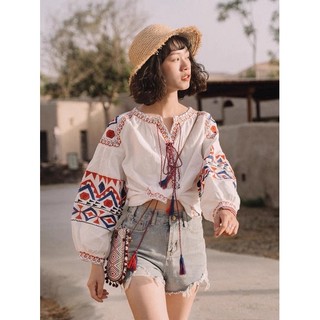 [ HÀNG  SẴN] ÁO PULL Thổ Cẩm Vintage Sẵn 2 Màu Đỏ Trắng Mã 1012 Thời trang Du Lịch Đi Phượt