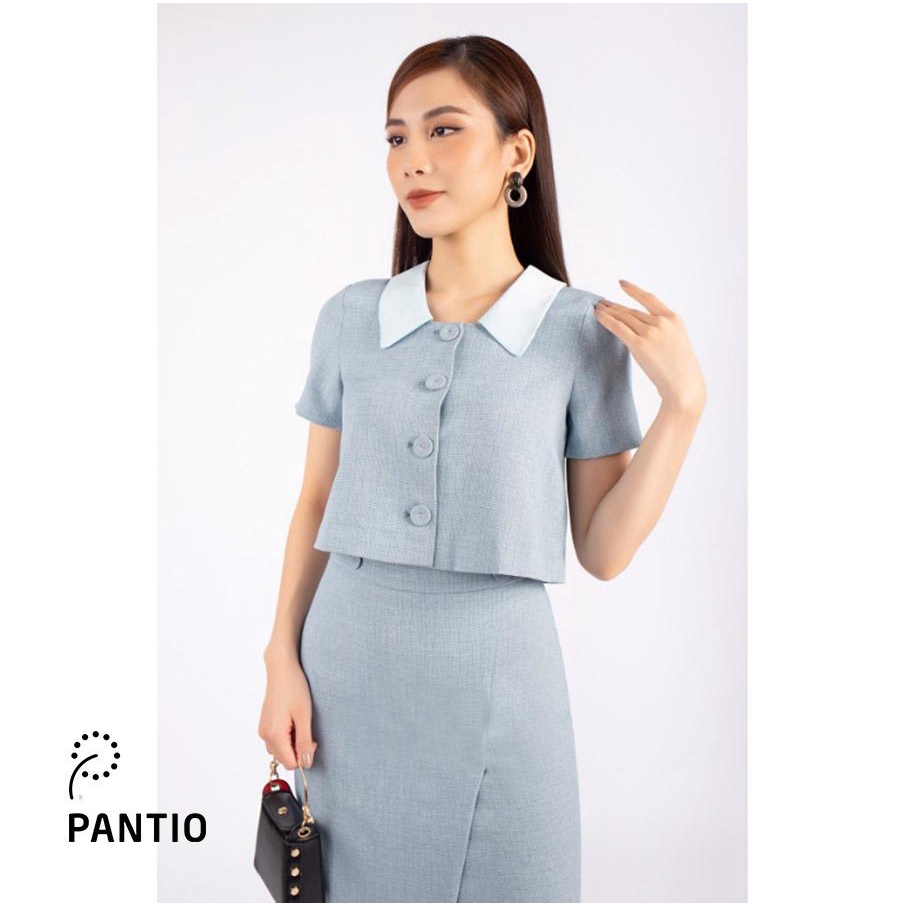 BAK72658 - Áo kiểu công sở vải thô dáng croptop lá cổ phối vải lụa thân cài cúc bọc - PANTIO