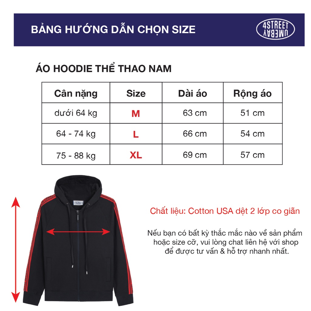 Áo hoodie thể thao nam mũ 2 lớp Umebay, vải đen phối sọc đỏ, cotton co giãn USS62A