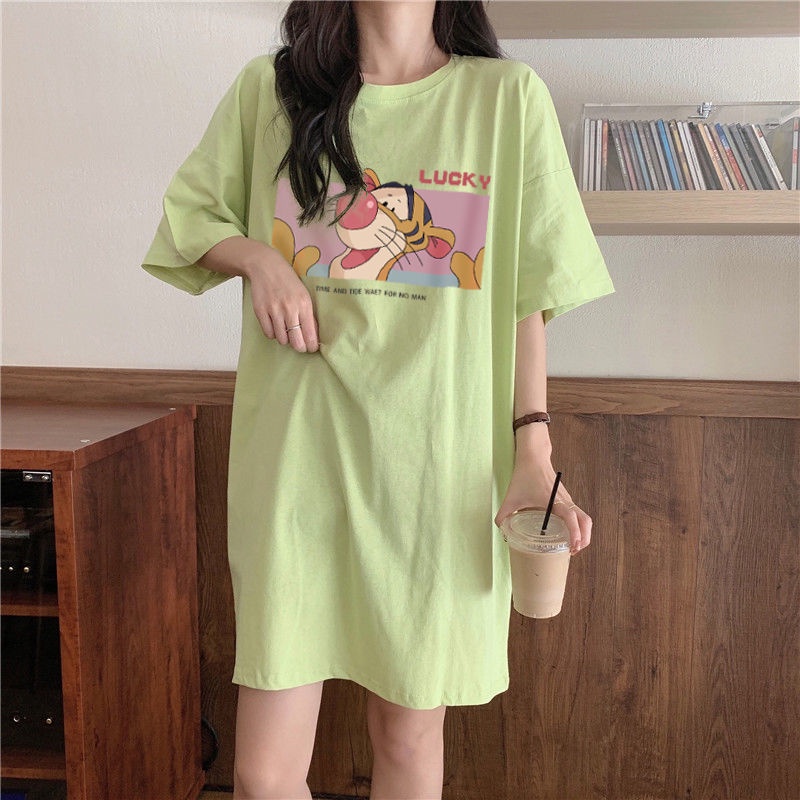 Đầm Ngủ 100% Cotton Tay Ngắn Dáng Rộng In Hình Hổ Phong Cách Hàn Quốc Thời Trang Mùa Hè Cho Nữ