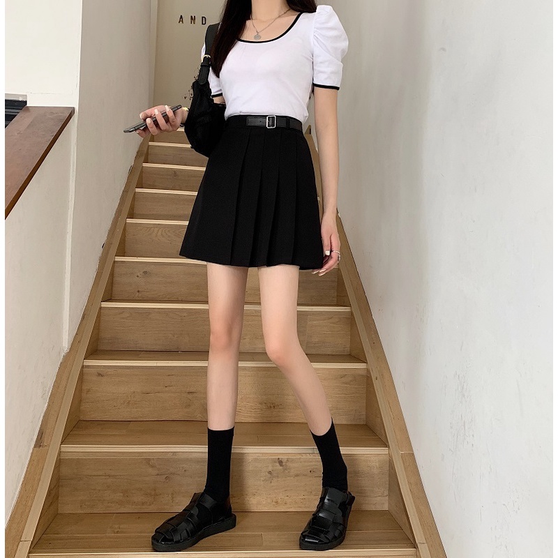 Chân Váy Ngắn Xếp Ly Lưng Cao Màu Đen Phong Cách Hàn Quốc Cho Nữ