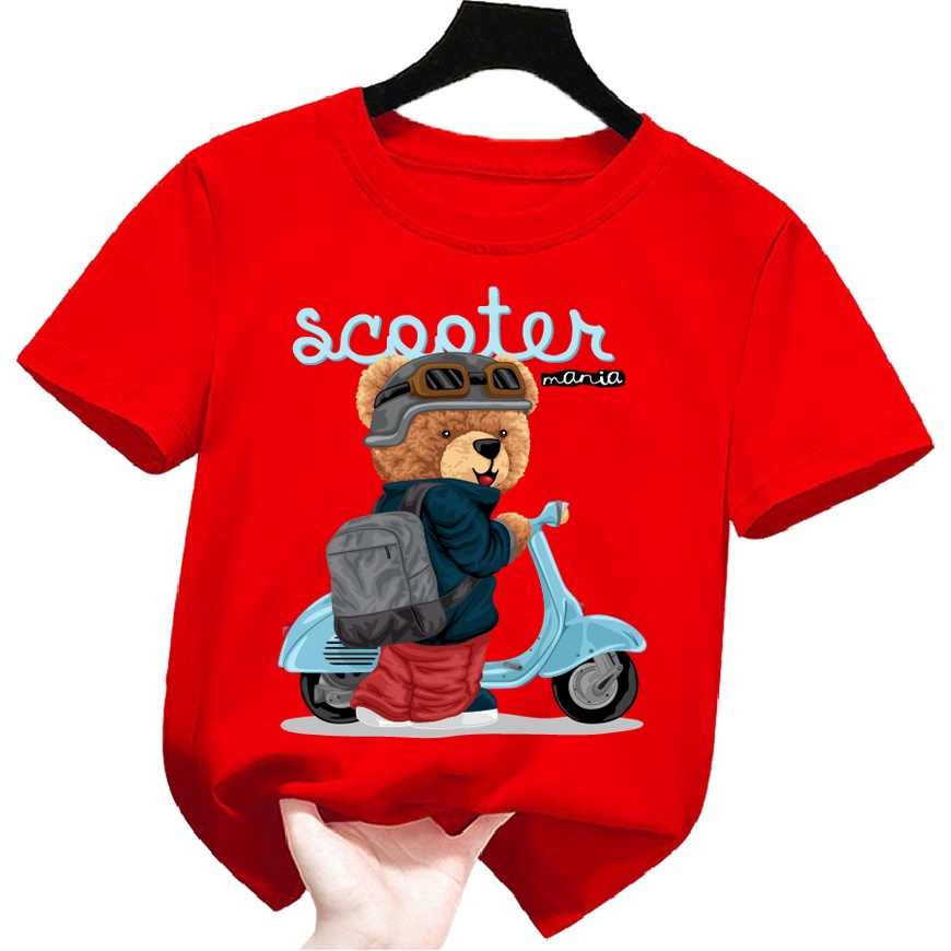 Áo thun trẻ em be trai bé gái hình gấu đeo kính dắt xe cho bé từ 6kg đen 30kg.G2.