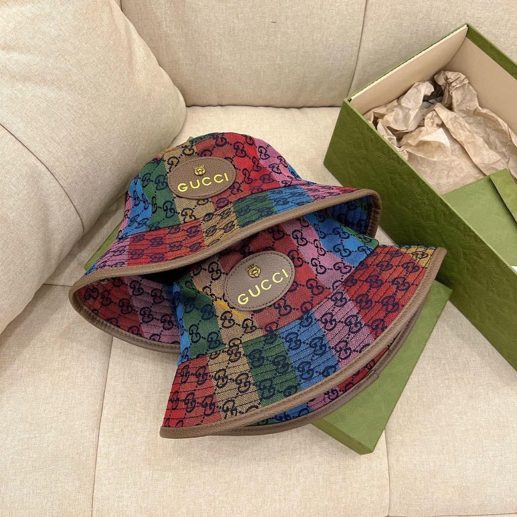 Nón vành tròn, mũ bucket GUCCI ngũ sắc thời trang vải Kaki mịn siêu đẹp