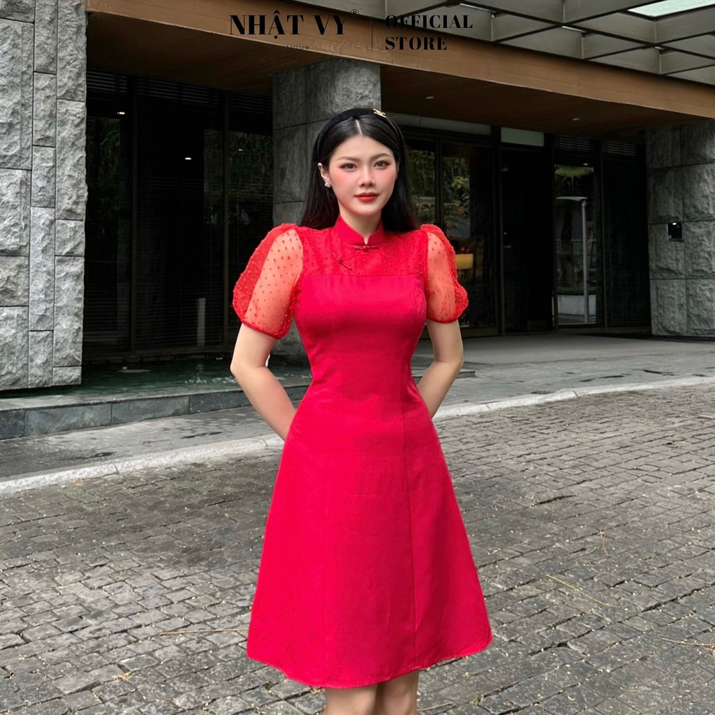 Đầm sườn xám Nhật Vy cổ tàu tay lưới phồng dây kéo phía sau chất lụa phù hợp đi chơi tết dự tiệc - D2631