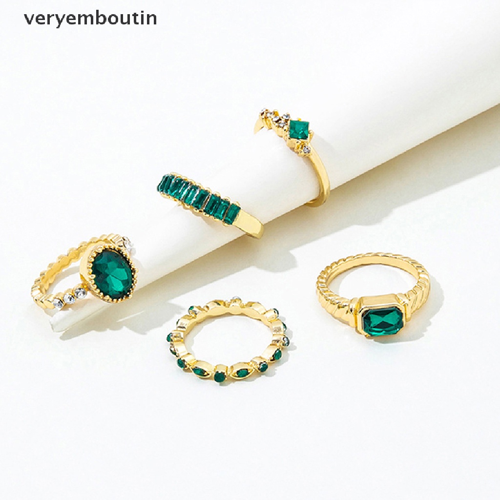 Set 5 Nhẫn Đính Đá Pha Lê Xanh Phong Cách Vintage Thời Trang Cho Nữ