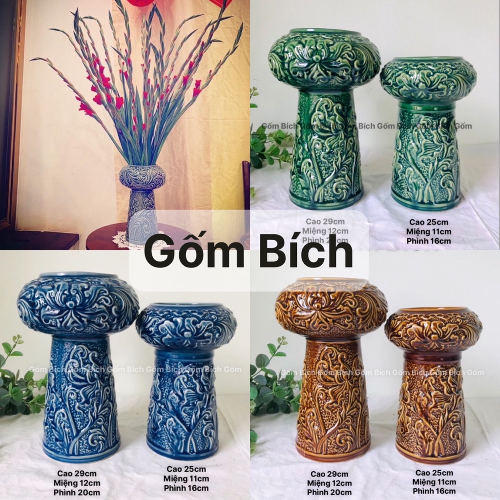 Bình Hoa Lọ Hoa Dáng Búp Bê Khắc Hoa Nổi Gốm Sứ Bát Tràng - Gốm Bích