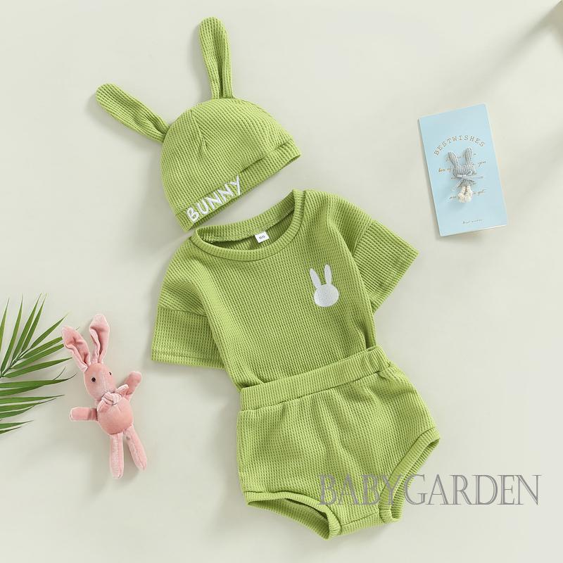 Set Áo Thun Ngắn Tay Thêu Hình Thỏ + Quần Short Lưng Thun + Mũ Cho Bé Gái