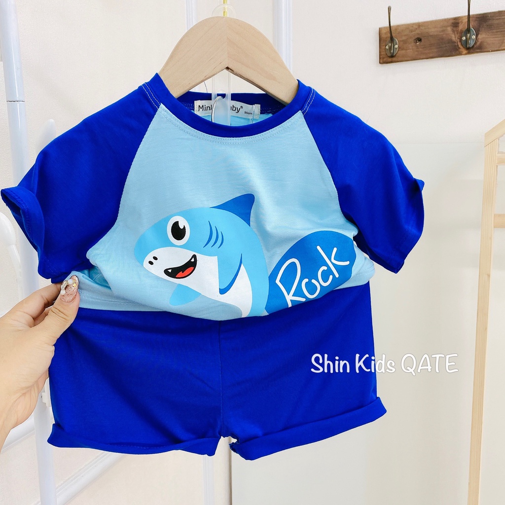 Full Size  Bộ Cộc Tay Thun Lạnh Minkey BaBy Ráp Lăng In Hình Cá Mập Dễ Thương Dành Cho Bé