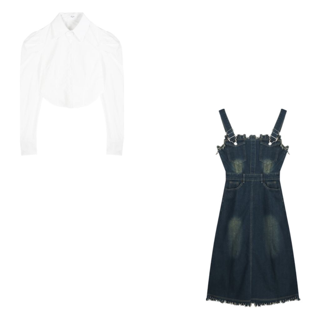 Sét áo sơ mi dài tay kết hợp váy yêm jean chữ A dáng dài hàng order Taobao cao cấp nhà Oanhdilys