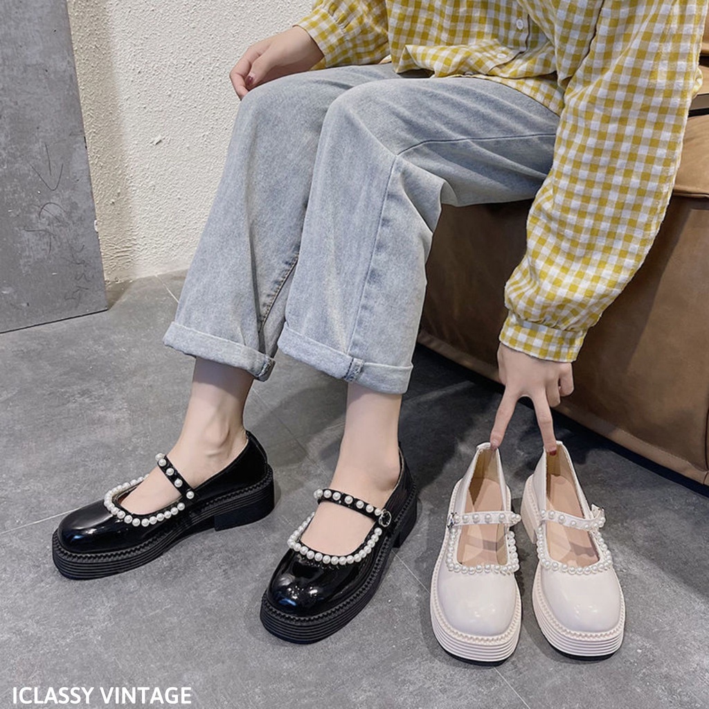 Giày Lolita Ulzzang Vintage, Giày Mary Jane Mũi Vuông Đính Ngọc Phần Viền Và Quai Đế Cao 5cm Hàn Quốc-Iclassy_shoes