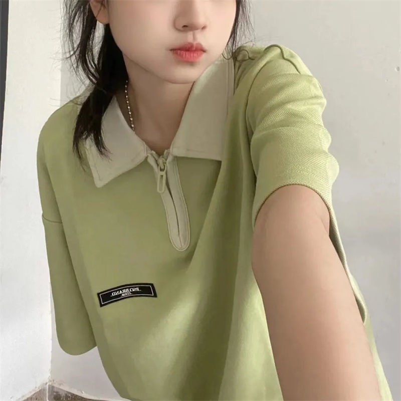 Áo polo Tay Ngắn Dáng Rộng Có Khóa Kéo Phối Màu Sắc Phong Cách Nhật Hàn Thời Trang Cho Nữ