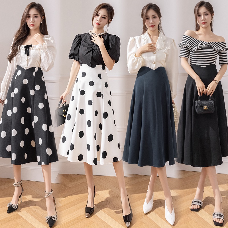 Chân Váy Xòe Lưng Cao Họa Tiết Chấm Bi Thời Trang Xuân Hè Cho Nữ