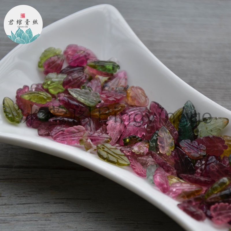 Bingyingge Pha lê tourmaline tự nhiên nguyên chất chạm khắc bằng tay lá rơi rời hạt tự làm chất liệu Hanfu phụ kiện DIY