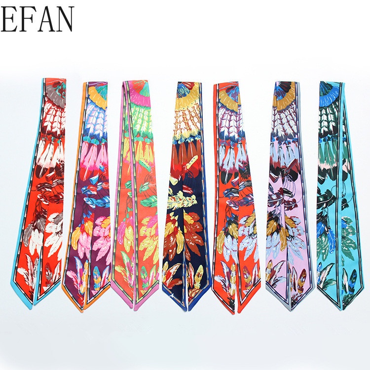 Khăn Quàng Cổ / Băng Đô Vải Lụa Satin In Họa Tiết Lông Vũ Kích Thước 100 * 5cm Thời Trang Cho Nữ