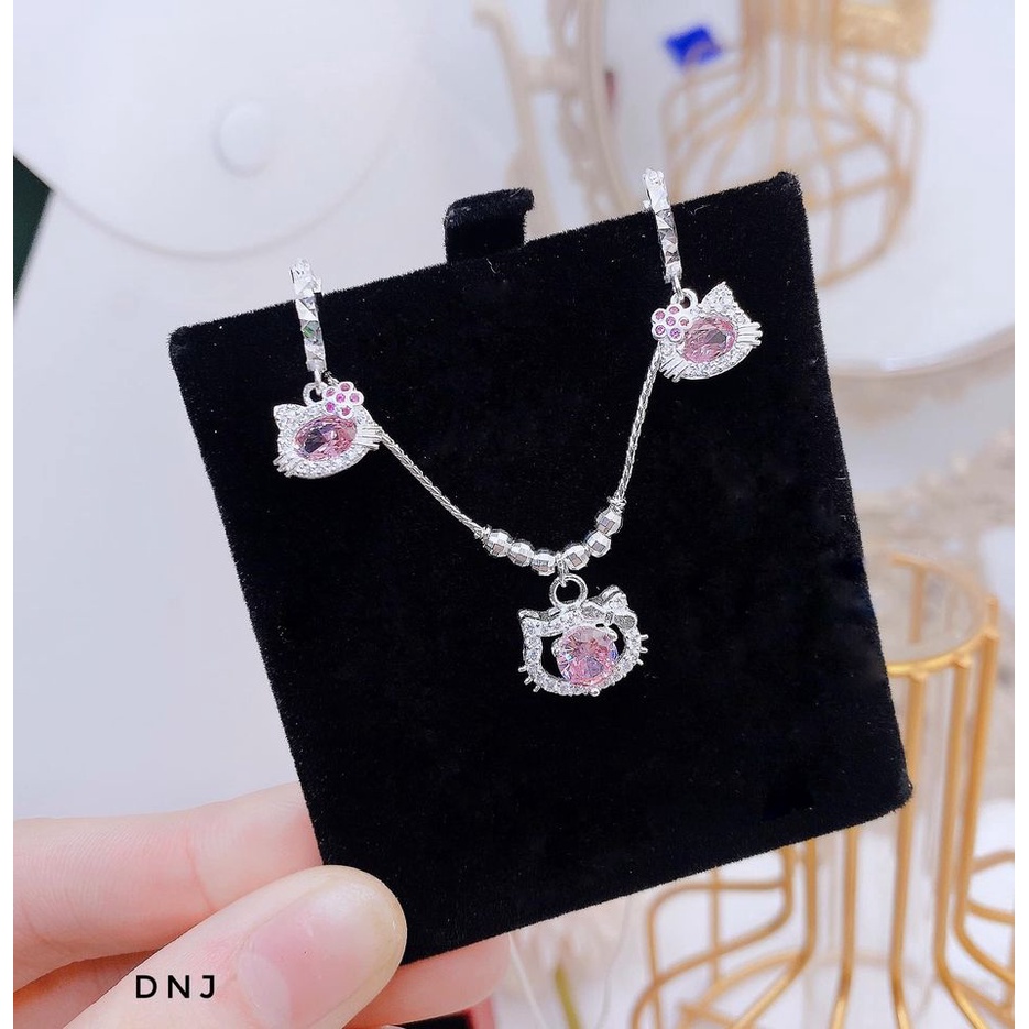 Bộ dây chuyền bông tai bạc mèo hồng cho bé gái, mẫu MK0112