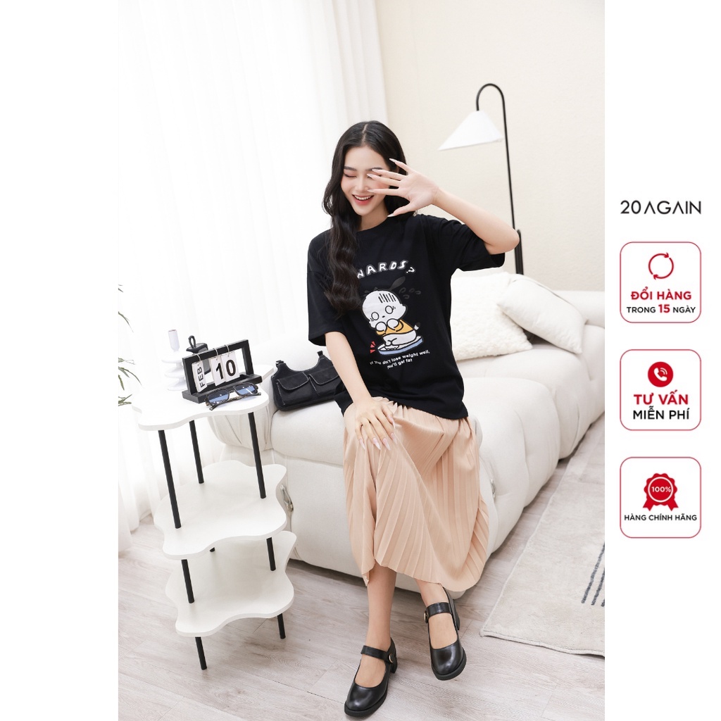 Áo thun unisex 20AGAIN, chất cotton khô, form suông họa tiết in mềm mịn, thoáng mát ATW2024