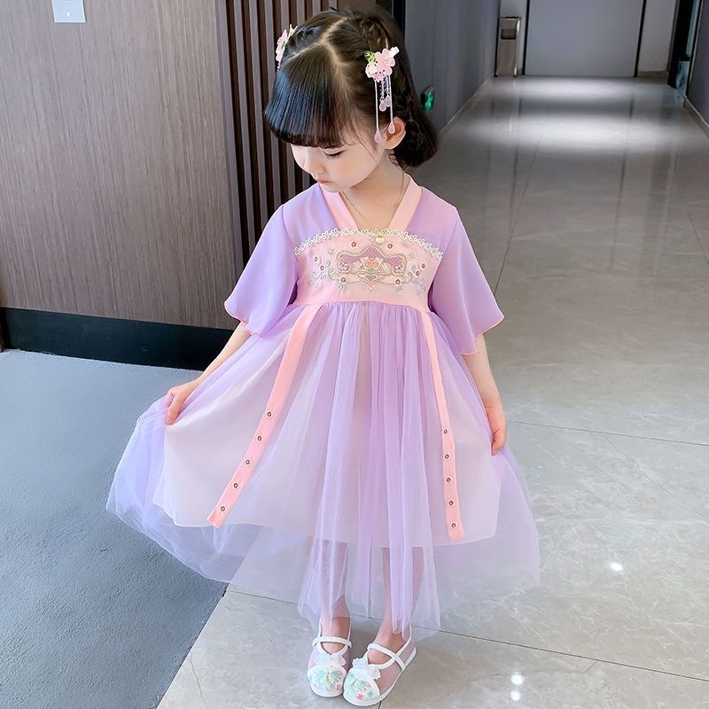 Đầm Hán Phục Thêu Hoa Phong Cách Trung Hoa Cổ Điển Dành Cho Bé Gái Kích Thước 90-130