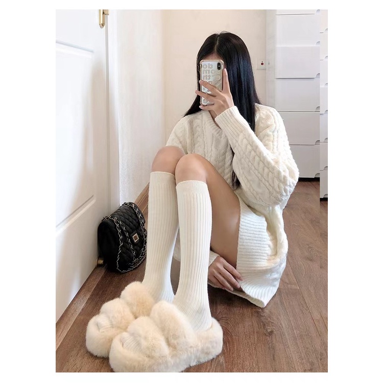 Vớ Dài Trung Bình Màu Trắng Thời Trang Thu Đông Ấm Áp Cho Nữ