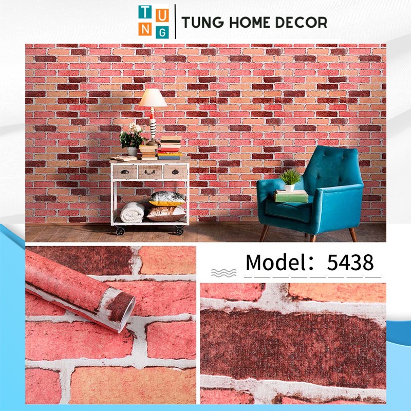 giấy dán tường giả bê tông cao cấp phòng khách hàn quốc phòng ngủ 3d TUNG HOME DECOR 5438 Màu Gạch Đỏ