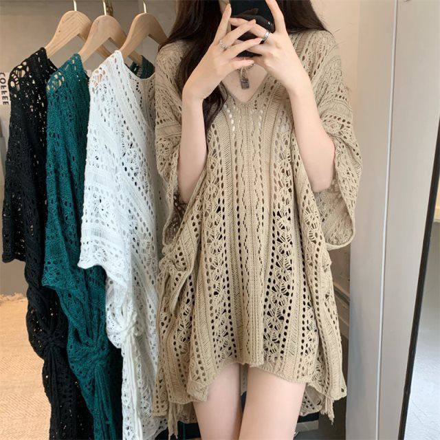 v-Neck rỗng ngắn tay áo dệt kim nữ lười biếng gió mùa hè thiết kế cảm giác nhỏ độc đáo sang trọng rộng rãi áo khoác đầu