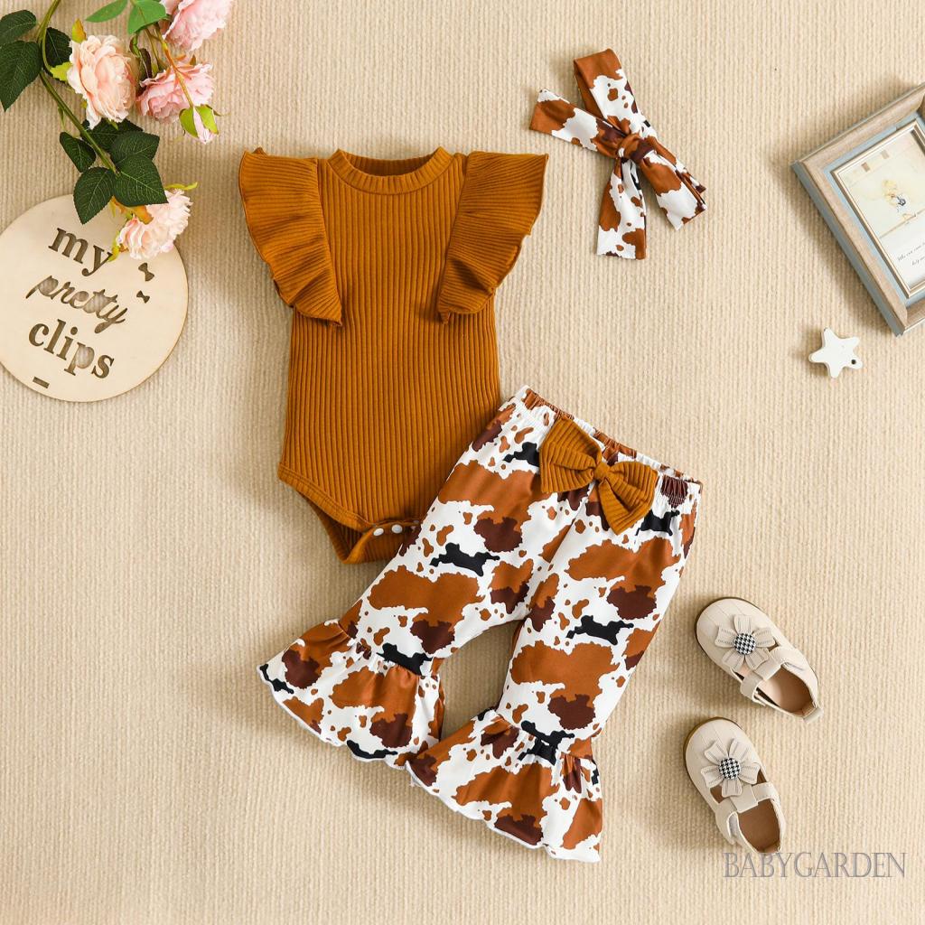 Bộ Áo Liền Quần Tay Xòe In Họa Tiết Da Báo + Quần Dài Kèm Băng Đô Cài Tóc Thời Trang Cho Bé Gái 3-18 Tháng Tuổi