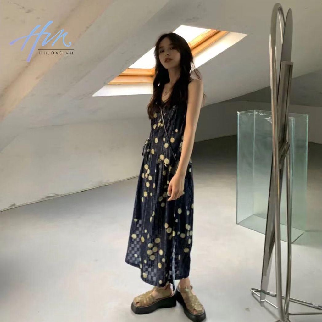 Đầm Hai Dây Cổ Chữ V Lưng Cao Dáng Ôm In Họa Tiết Thời Trang Pháp Cổ Điển Cho Nữ