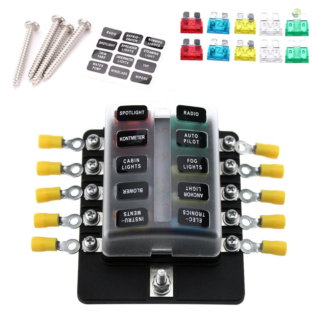 Bộ 10 Hộp Cầu Chì Lưỡi Dao 10 Hướng Có Đèn LED Báo Hiệu + 10 Cầu Chì Cho Xe Hơi / Tàu Thuyền / Xe Tải 12V 24V