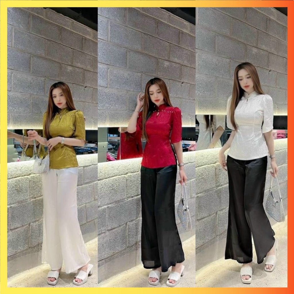 BỘ ÁO BÀ BA PHÁP PHỤC ĐI LỄ CHÙA ĐỒ LAM LỤA GẤM VÂN THIẾT KẾ TAY BỒNG ĐÍNH NGỌC KÈM QUẦN MAY SẴN TRANG NHÃ NHIỀU MÀU