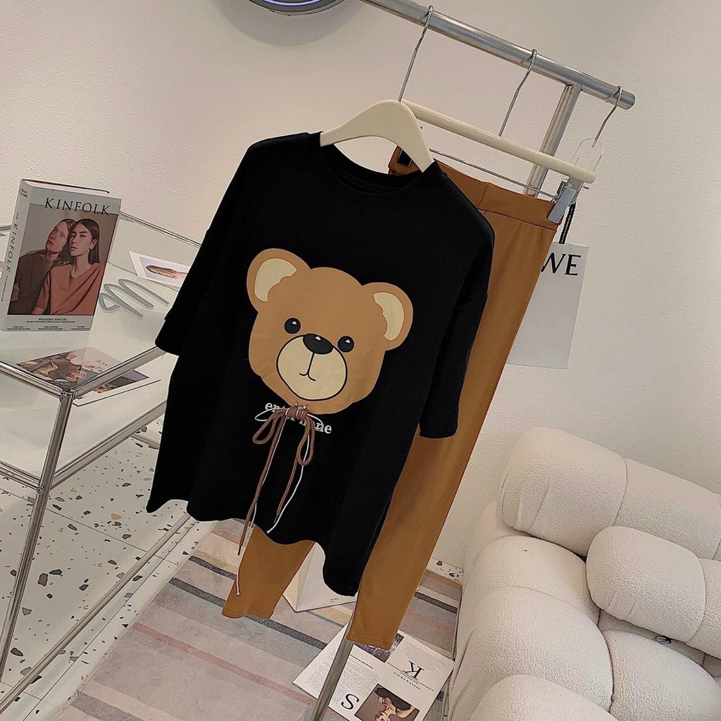 [3.3 Sales Freeship] Set bộ áo thun in gấu nâu dễ thương phối quần dài ôm bó, set bộ thun quần dài in hình gấu cute