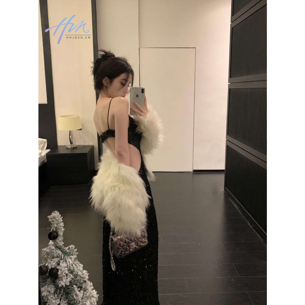 Hhjdxd Đầm Hai Dây Dáng Dài Đính Kim Sa Màu Đen Thời Trang Mùa Xuân Quyến Rũ Cho Nữ