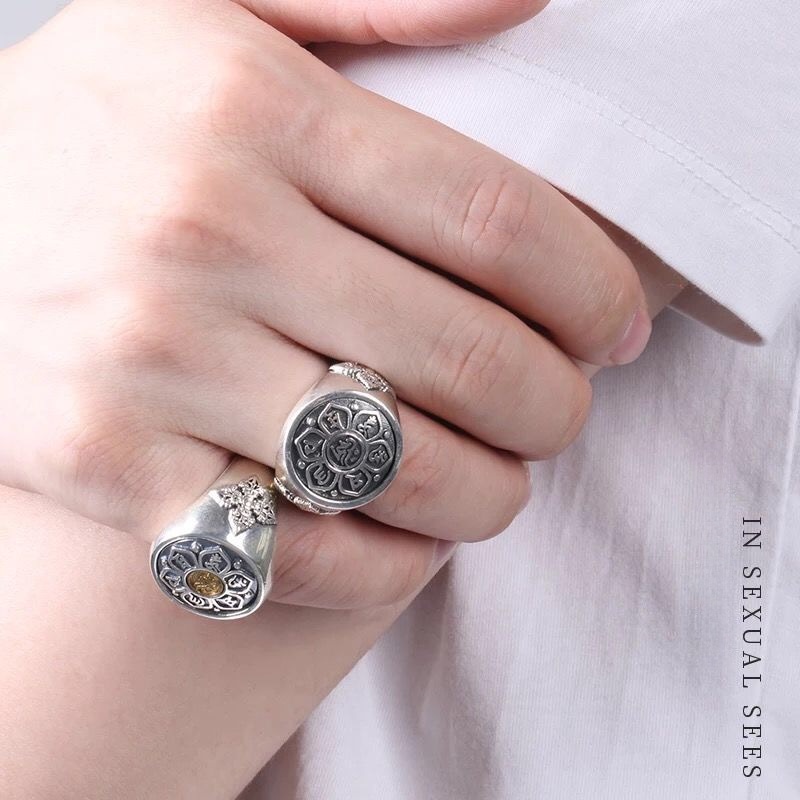 Nhẫn Bạc Khắc Sáu Cung Điện Gossip Heart Sutra Buddh Có Thể Xoay Được Cho Nam