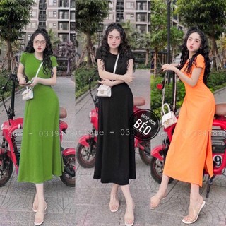 Đầm thun gân xẻ tà tay cộc tôn dáng sáng da