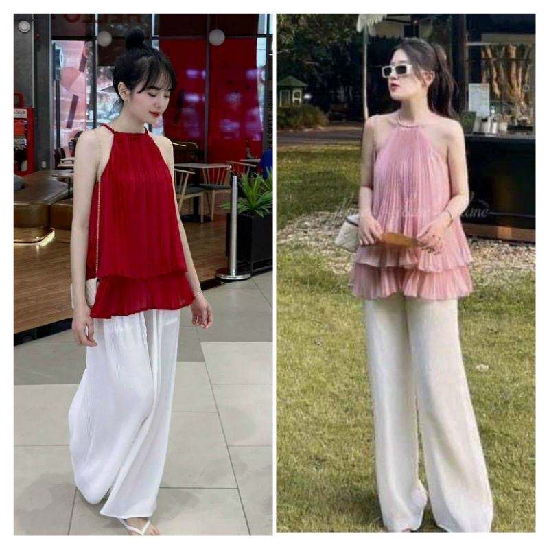 Set áo voan cổ yếm tầng xếp li có cài nút 2 lớp kèm quần suông trắng xếp lo lưng thun 2 lớp 2 màu freeszie Pumi 14026