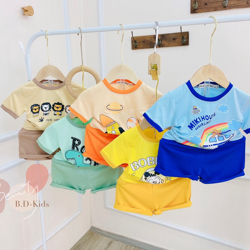 Full Size(6-26kg) Bộ Cộc Tay Minkey Baby Chất Thun Lạnh In Họa Tiết Khủng Long Cho Bé Minky Mom