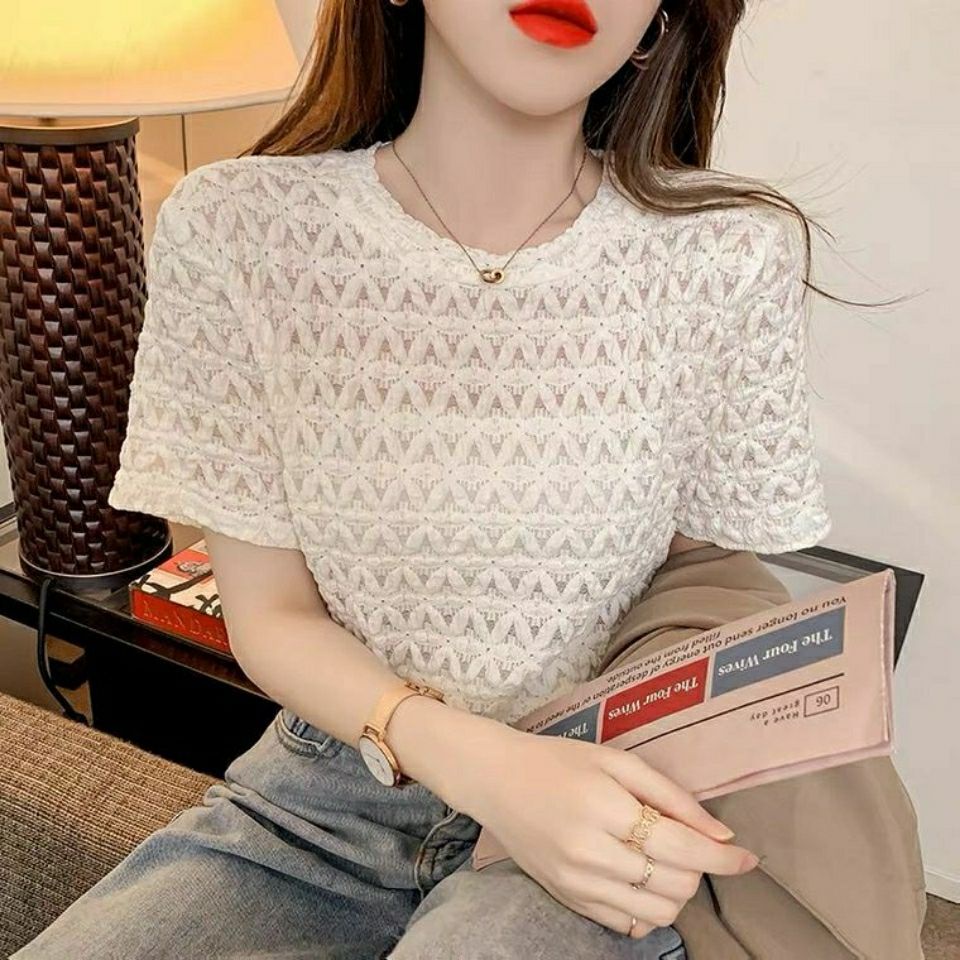 Áo Thun Tay Ngắn Dáng Rộng Phối Ren Lỗ Thời Trang Mùa Hè Phong Cách Hàn Quốc Cho Nữ