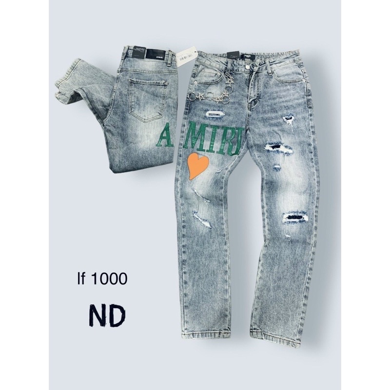 Quần bò nam amiri cao cấp xanh rách gối chất liệu co dãn.