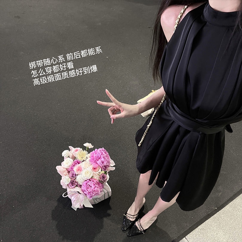 2023 satin high-grade sleeveless dress women's French off-shoulder sexy socialite temperament waist-tied short dress CJJY