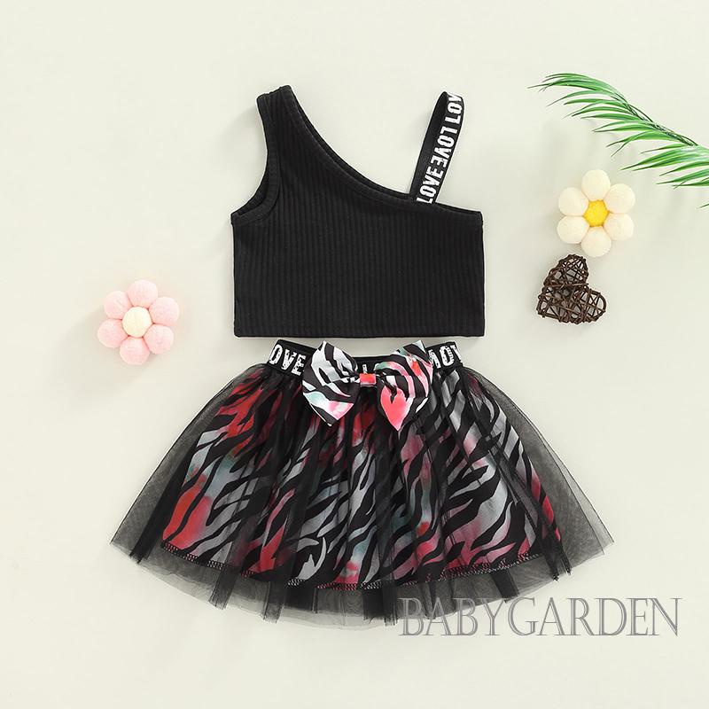 Set Áo Hai Dây Dệt Kim In Chữ + Chân Váy Lưới Thời Trang Cho Bé Gái 6 Tháng-4 Tuổi