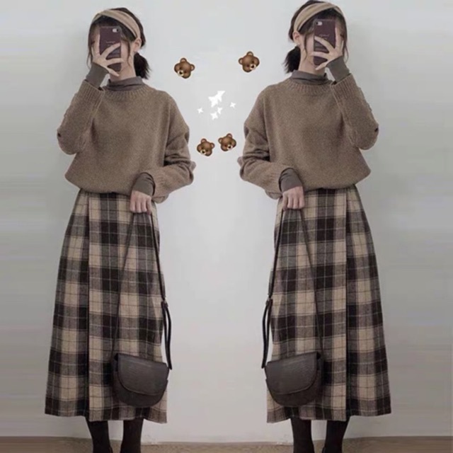 ORDER - Set áo len + váy kẻ Bigsize 4XL Vintage ( Có ảnh thật )
