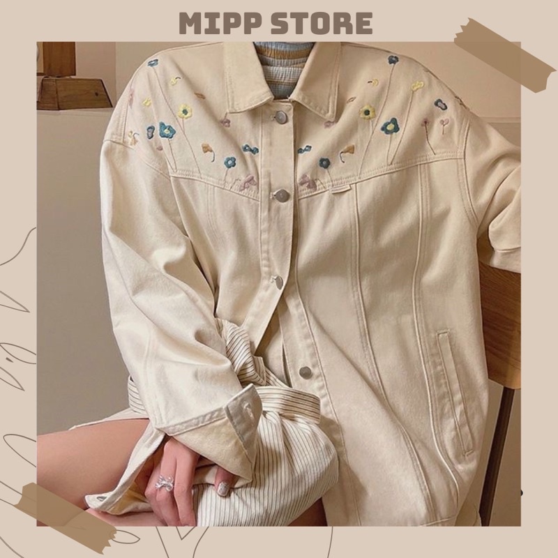 Áo khoác jeans be sữa thêu hoa siêu xinh phong cách Hàn Quốc thời trang cho Nữ (khuyến khích tăng size mặc rộng)