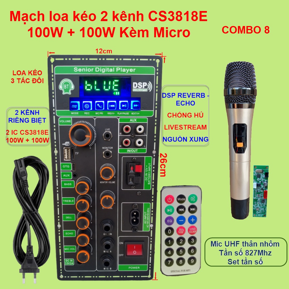 Mạch loa kéo 2 kênh Livestream DSP Reverb – Echo Chống hú 2 IC CS3818E 100W + 100W – Loa kéo 3 tấc đôi kèm Micro