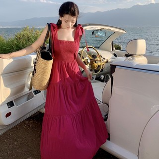 Đầm maxi dập li nhún màu hồng sen nữ tính